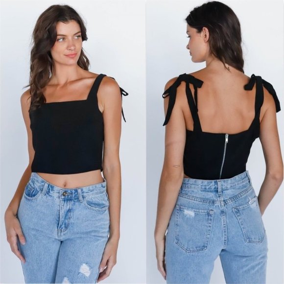 . Tops - Black Self-Tie Strap Square Neck Crop Top